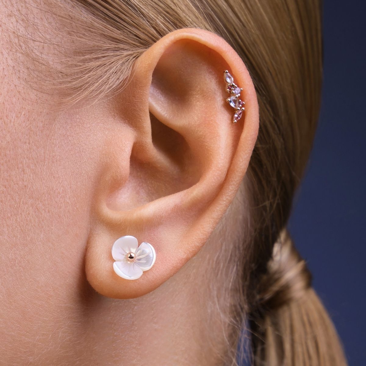 Piercing Amandine, or rose 18 carats, argent 925, hypoallergénique. Piercing oreille original