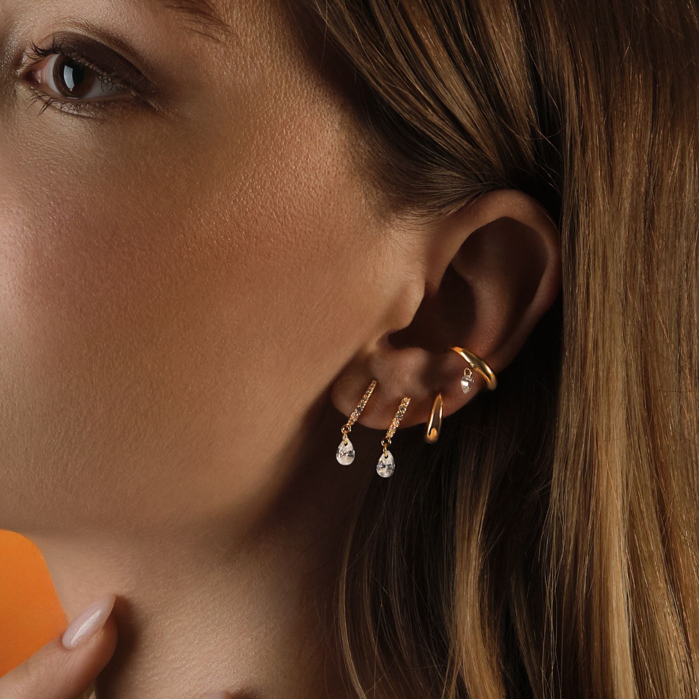 Boucle d'oreille or, combinaison de boucles d'oreilles pour 3 trous. Ear cuff or