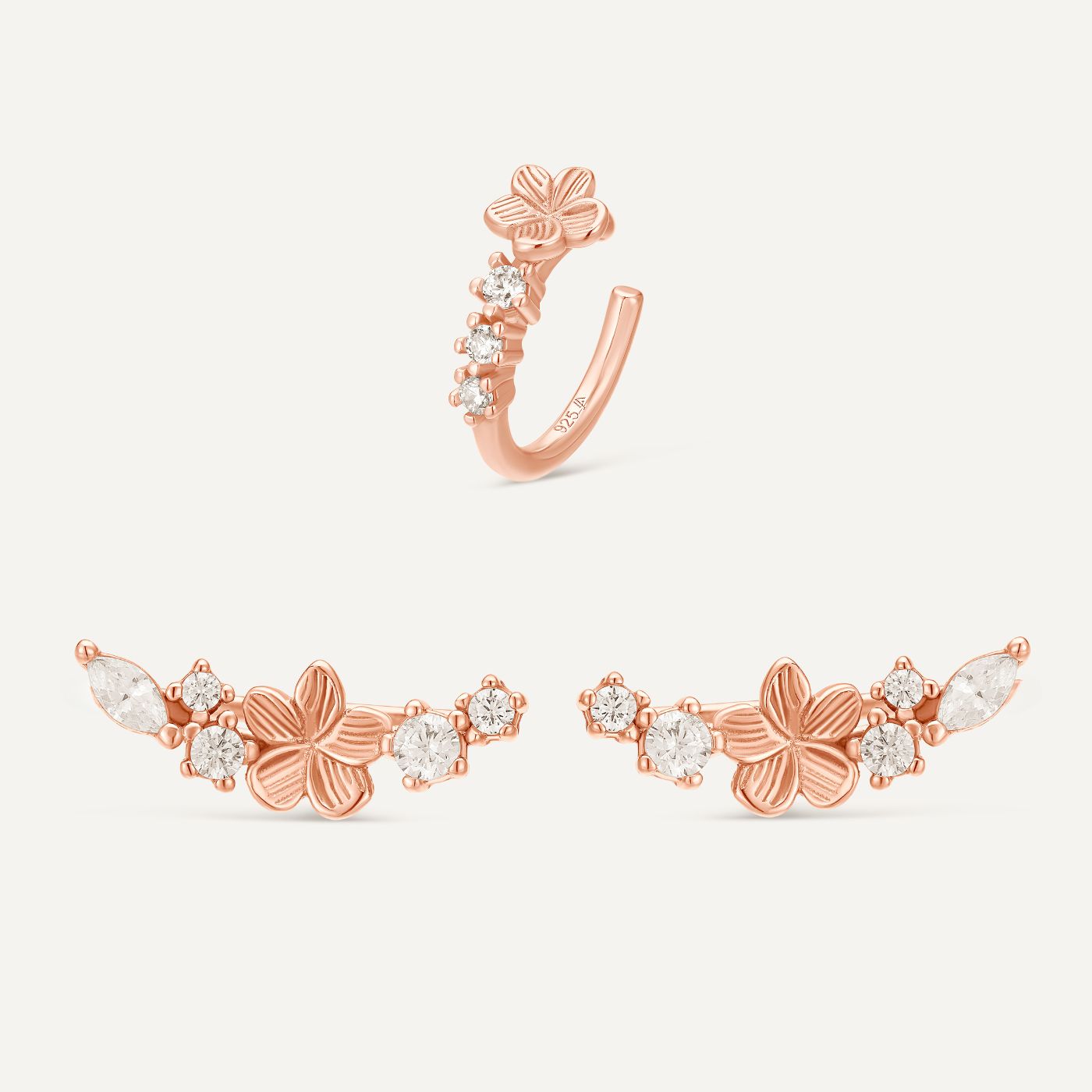 Mix and match bijoux d'oreille or rose. Bijoux fleurs. Boucles d'oreilles grimpantes or rose et ear cuff fleur or rose conch