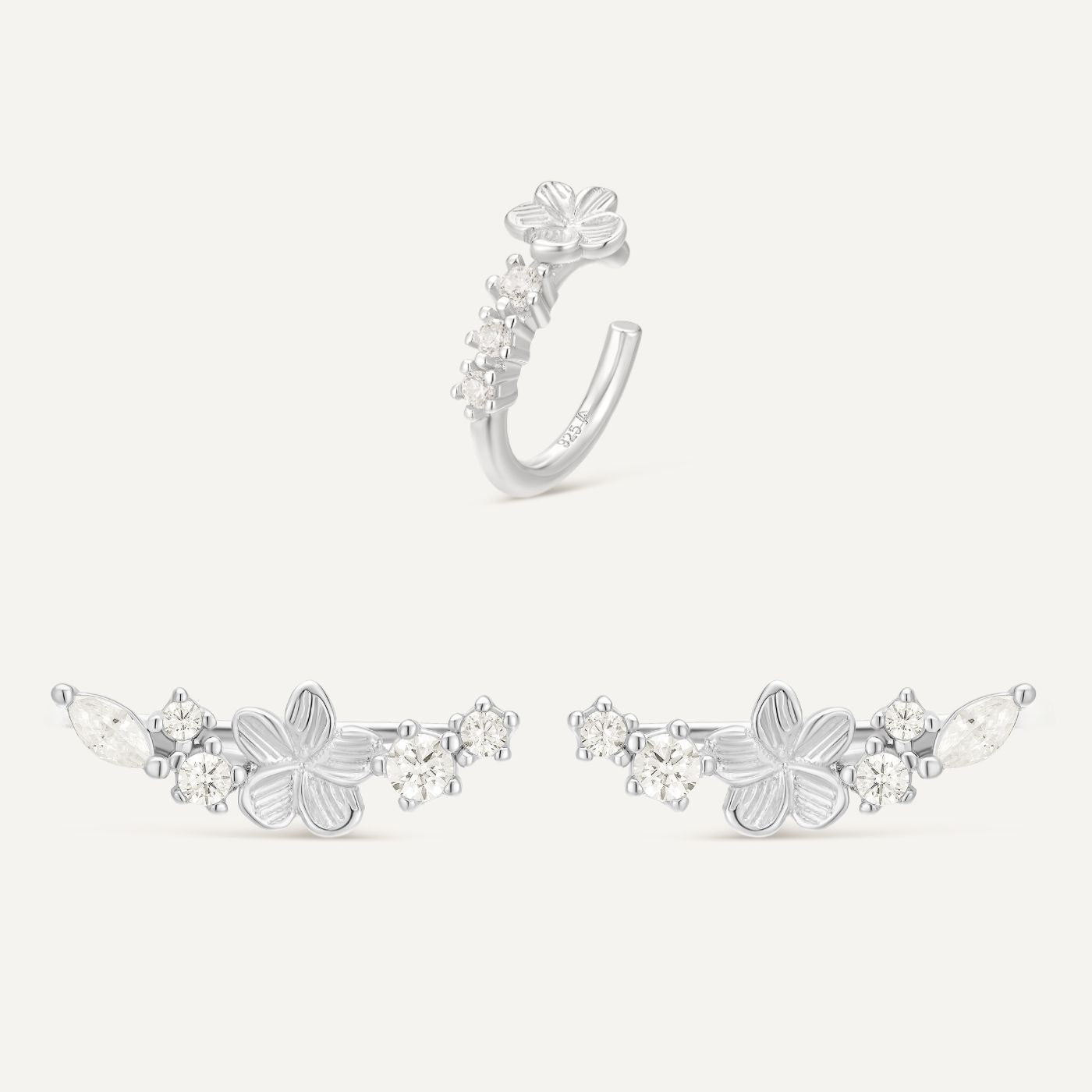 Mix and match bijoux d'oreille argent. Bijoux fleurs. Boucles d'oreilles grimpantes argent et ear cuff fleur argent conch