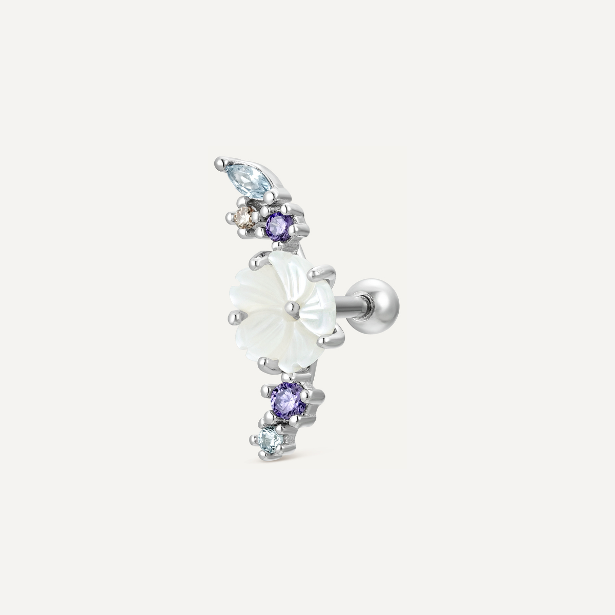 Piercing Nina, argent 925, Argent, acier chirurgical, sans risque d'allergie, nacre, zircons violets, champagne, bijou hélix