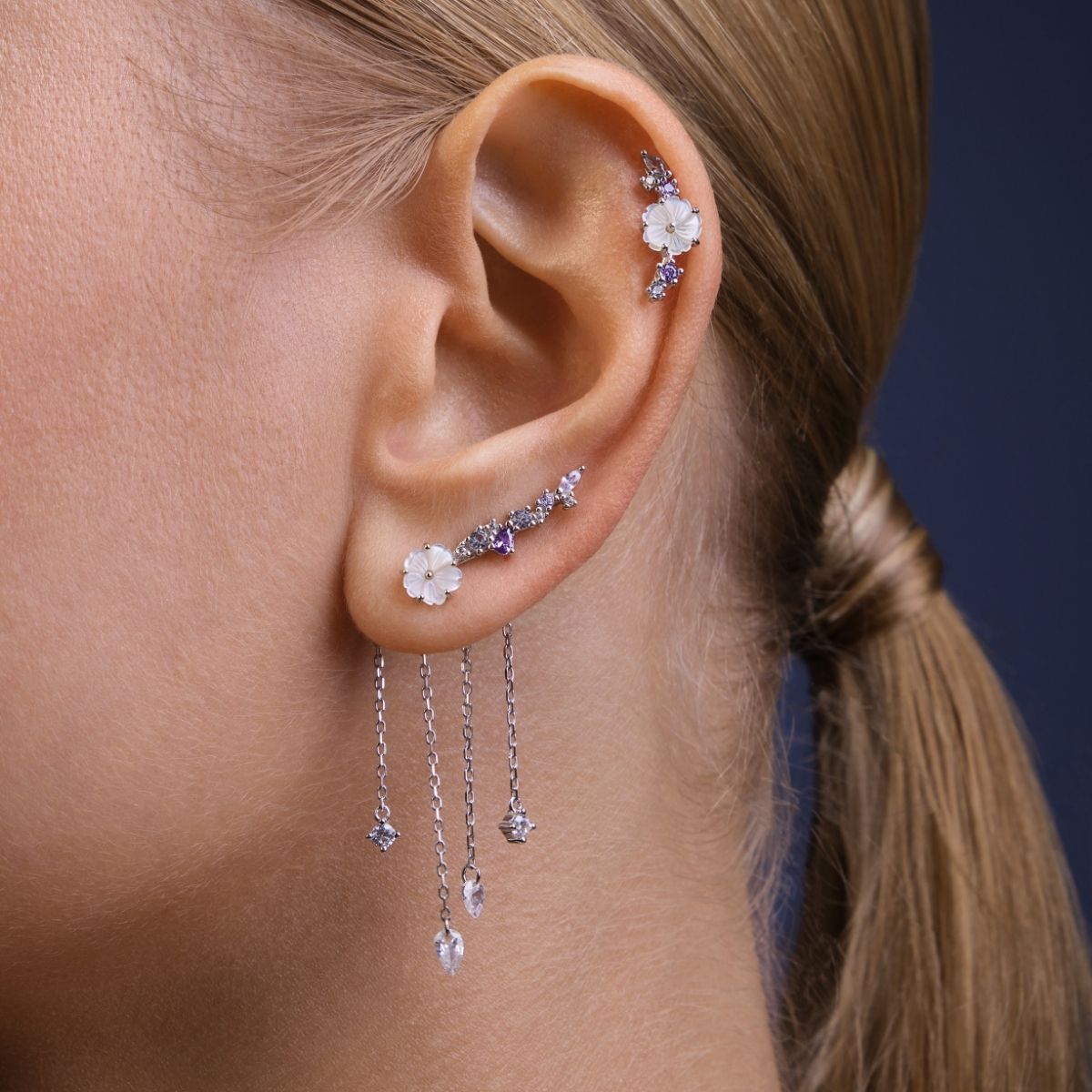 Piercing oreille Nina, argent 925, Argent, acier chirurgical, sans risque d'allergie, nacre, pierres violettes, champagne, bijou hélix. Les Joyaux d'Auré
