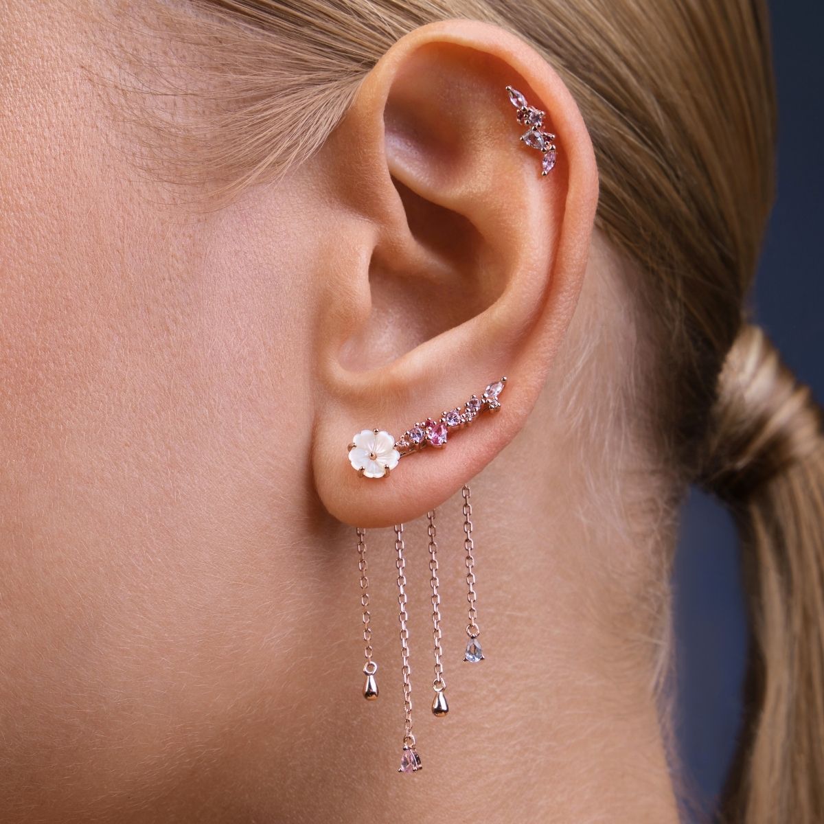 Piercing Amandine, or rose 18 carats, argent 925, hypoallergénique. Piercing oreille original