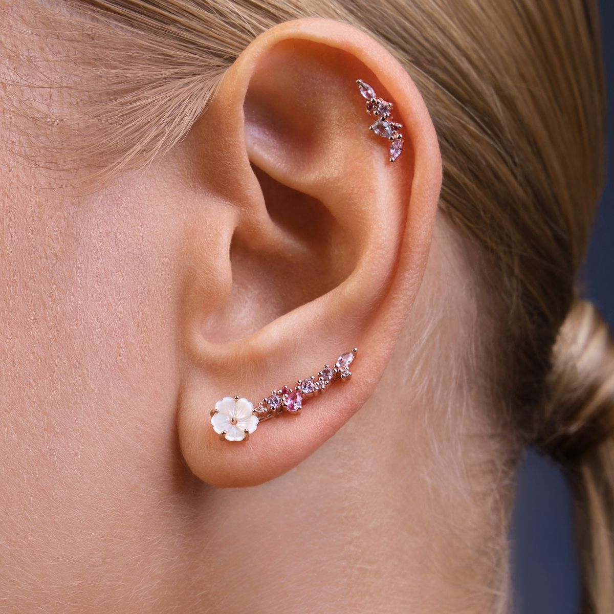 Piercing Amandine, or rose 18 carats, argent 925, hypoallergénique. Piercing oreille original