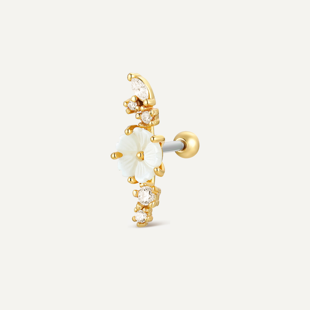 Piercing Alba, or jaune 18 carats, argent 925, zircons blancs, fleur nacre, bijou hélix