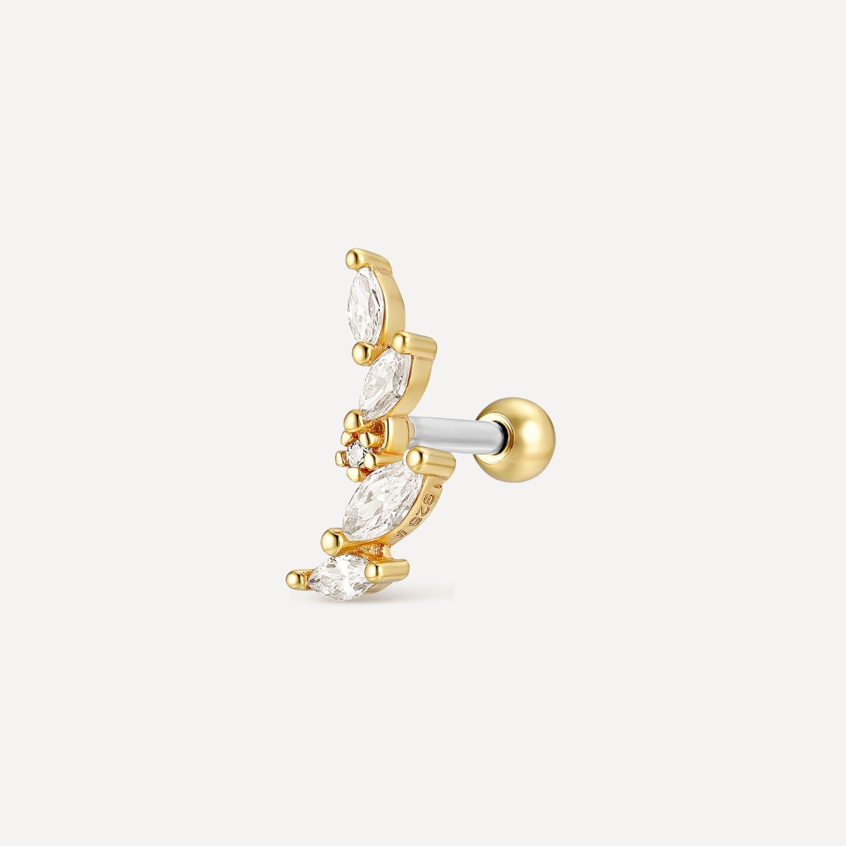 Piercing Justine, argent 925, or jaune 18 carats, zircons blancs, bijou hélix, raffiné, tendance. Tige en acier chirurgical. Bijou Hypoallergénique