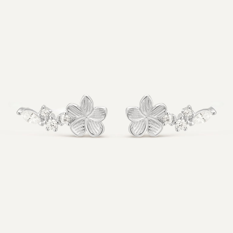 Boucle d'oreille grimpante fleurie argent. Boucle d'oreilles fleur métal argent et ear cuff fleur argent