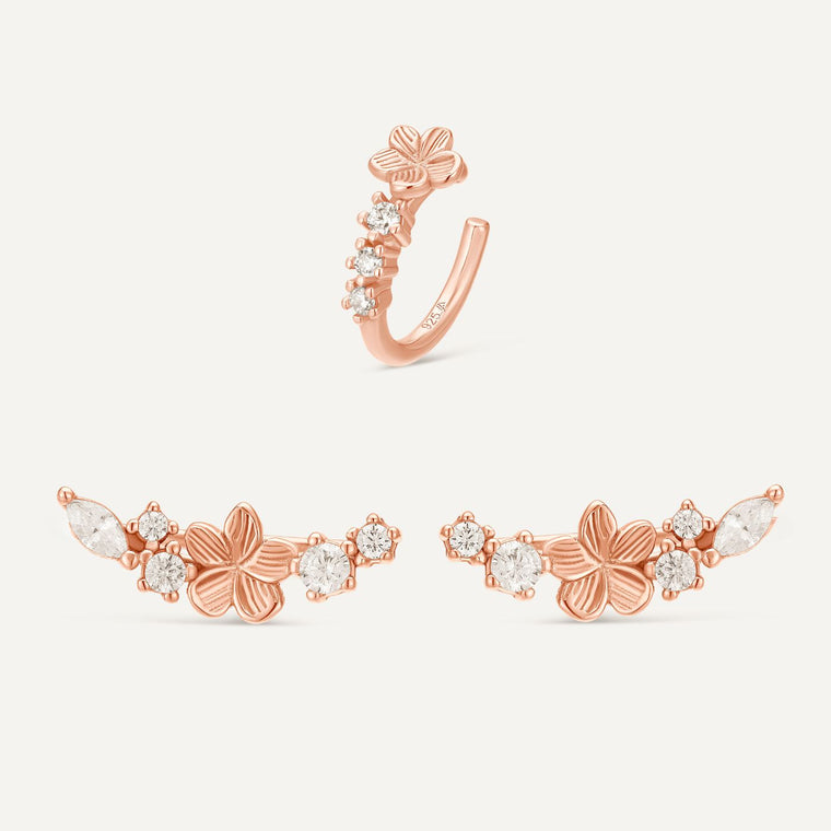 Mix and match bijoux d'oreille or rose. Bijoux fleurs. Boucles d'oreilles grimpantes or rose et ear cuff fleur or rose conch