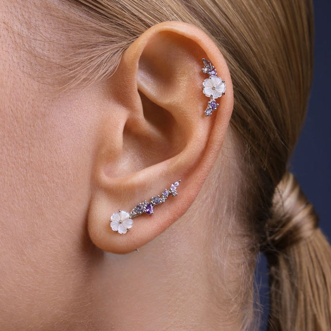 Piercing cartilage Nina, argent 925, Argent, acier chirurgical, sans risque d'allergie, nacre, zircons violets, champagne, bijou hélix