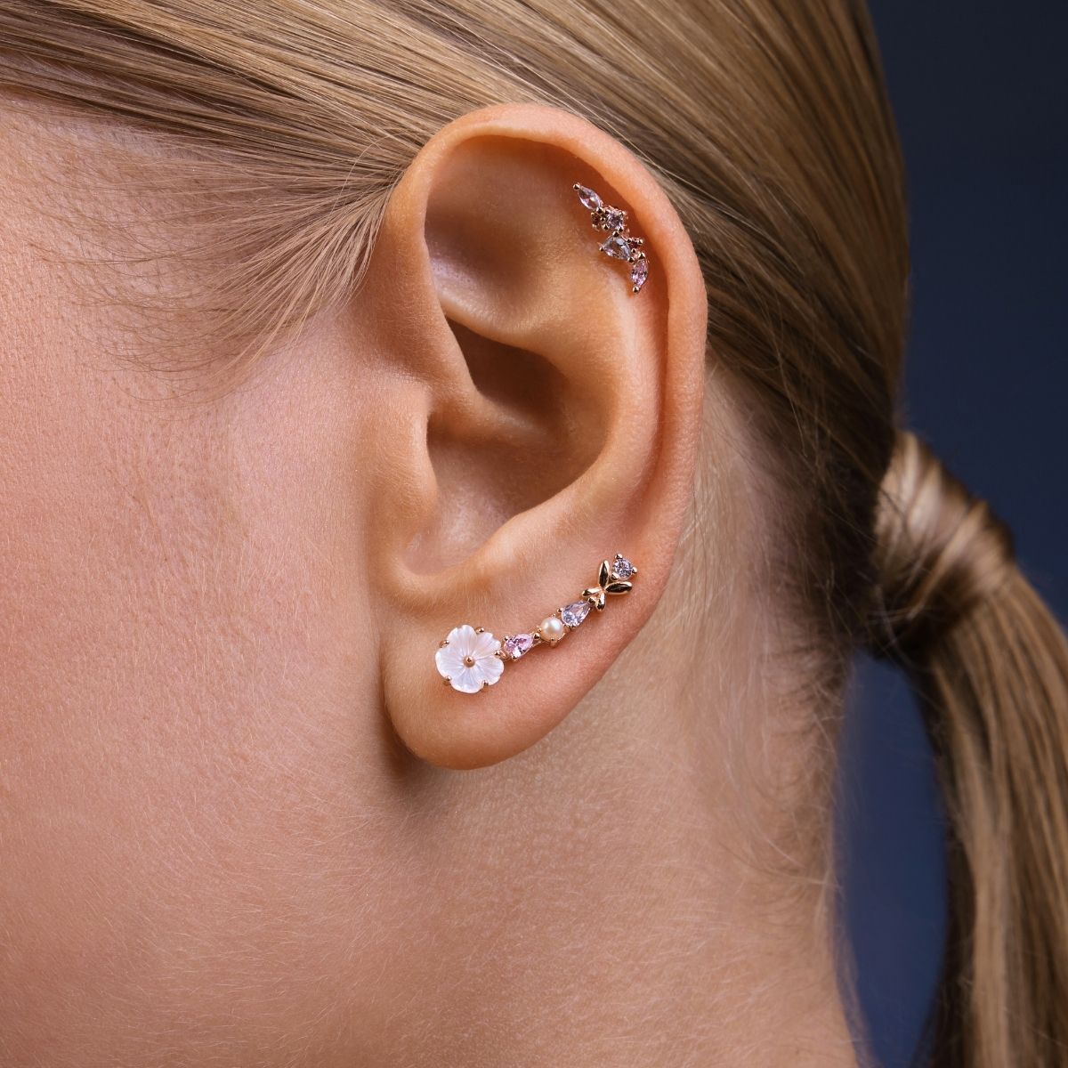 Piercing Amandine, or rose 18 carats, argent 925, hypoallergénique. Piercing oreille original