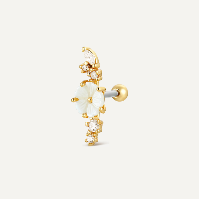 Piercing Alba, or jaune 18 carats, argent 925, zircons blancs, fleur nacre, bijou hélix