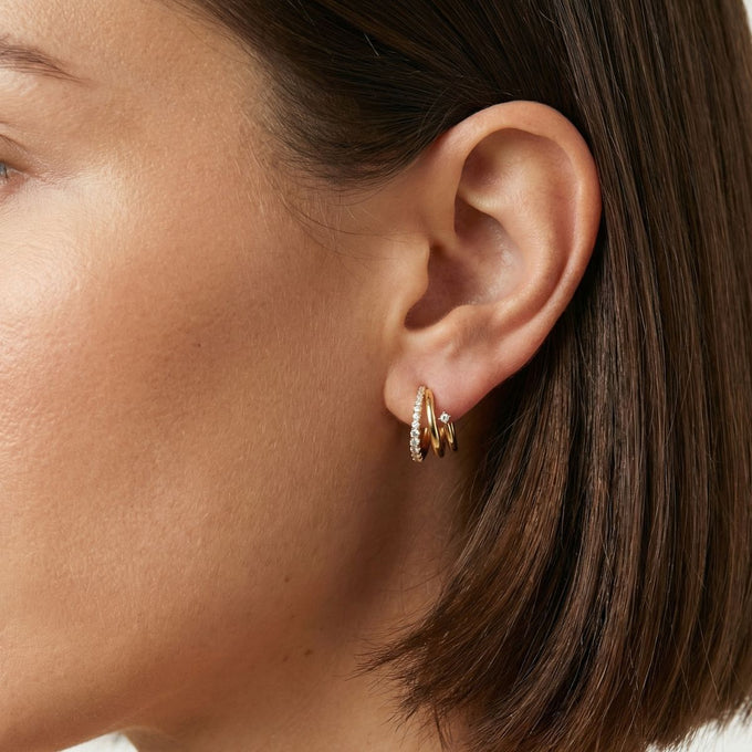 Paire de boucles d’oreilles Clarisse triple anneau plaqué or avec zircons