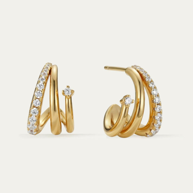 Paire de boucles d’oreilles Clarisse triple anneau plaqué or avec zircons