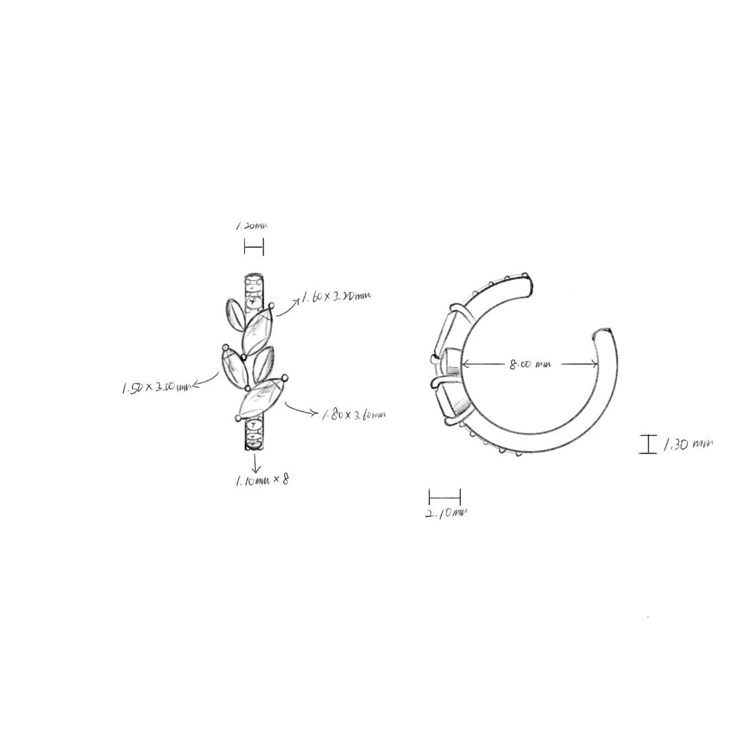 Earcuff or rose pour femme avec pierres et épis de blé. Bague d'oreille tendance, faux piercing stylé