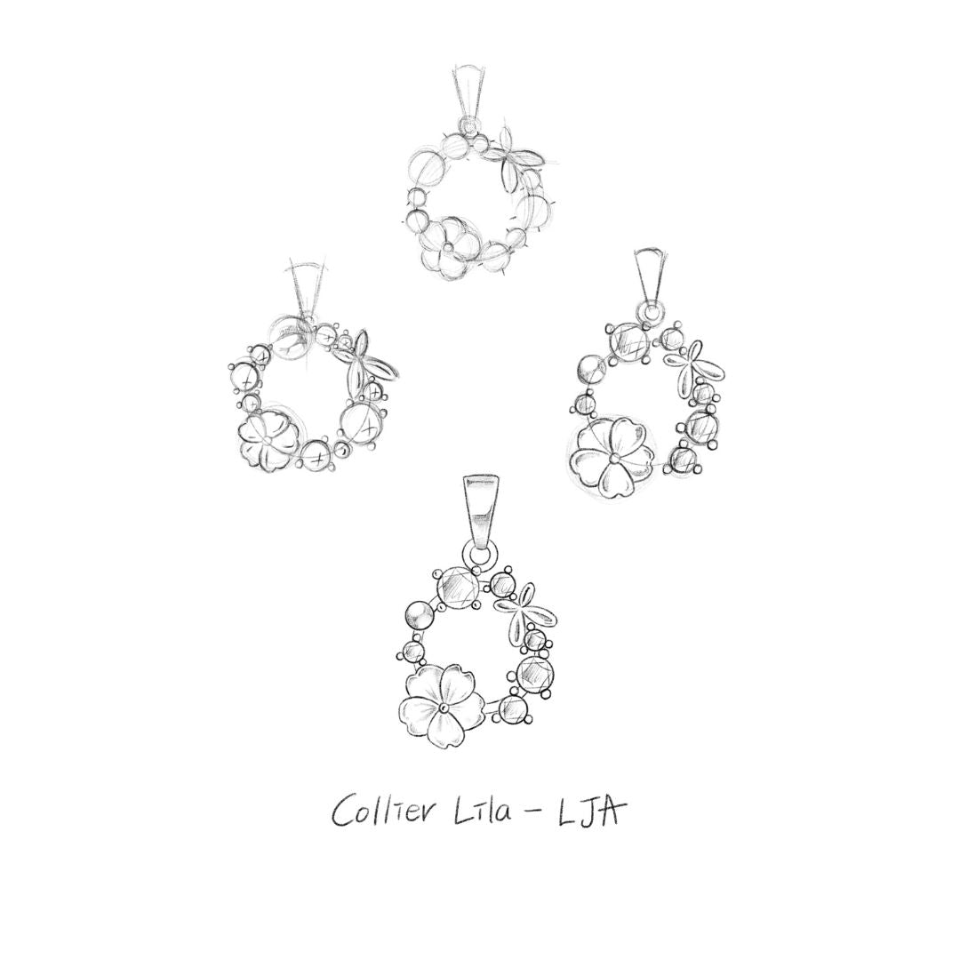 Collier femme en or rose et fleuri. Fleur blanche en nacre . Pierres colorées. Bijoux qui résistent à l'eau. Les Joyaux d'Auré