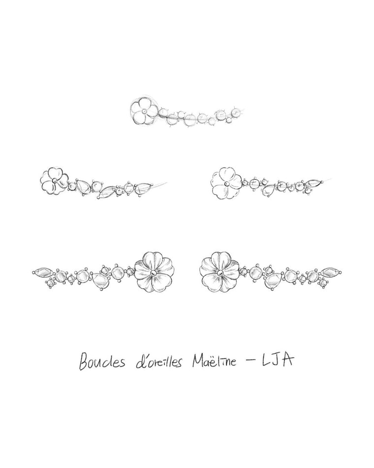 boucles d'oreilles les joyaux d'auré - climber - boucles d'oreilles qui remontent le long de l'oreilles avec pierres colorées et fleur blanche en nacre